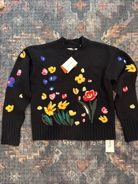 Chinti & Parker Charleston Hand Embroidered Wool Sweater Black Wildflower NWT